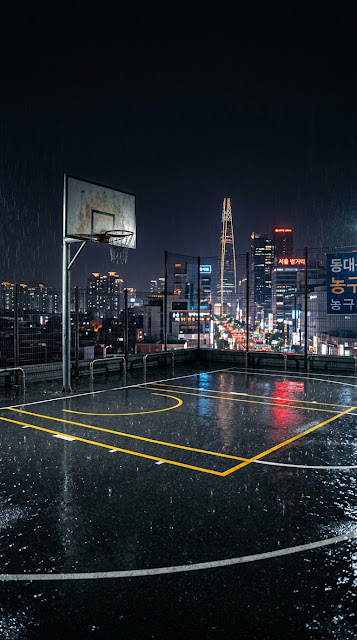 Rainy Seoul Rooftop Basketball Court Night Wallpaper - Free mobile Wallpaper