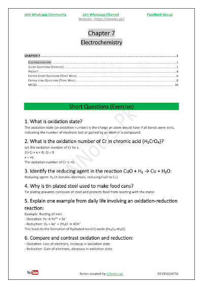 FBISE Class 9 Chapter 7 Electrochemistry