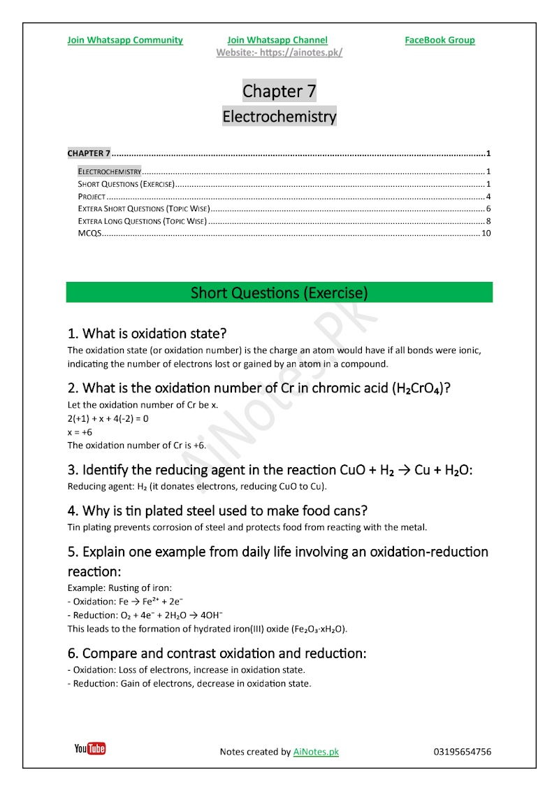 FBISE Class 9 Chapter 7 Electrochemistry