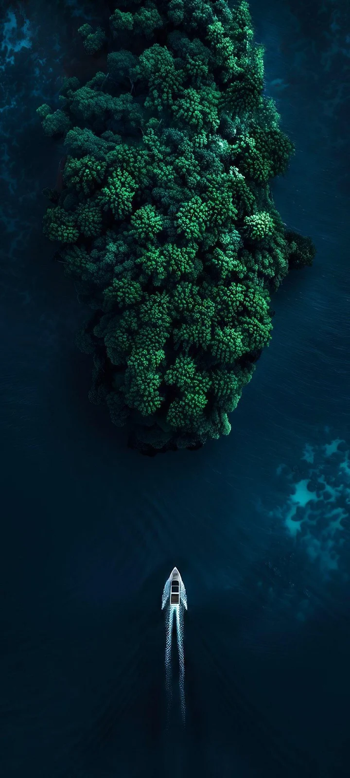 Boat Approaching A Lush Island - Aerial Drone Photography iPhone Wallpaper (922x2048)