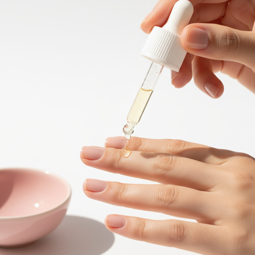 Nahaufnahme: Hand tropft Jojobaöl auf Nagelhaut, betont Hautstruktur und Nageloberfläche vor weißem und soft-pink Hintergrund – Dehydration bei Nägeln sichtbar