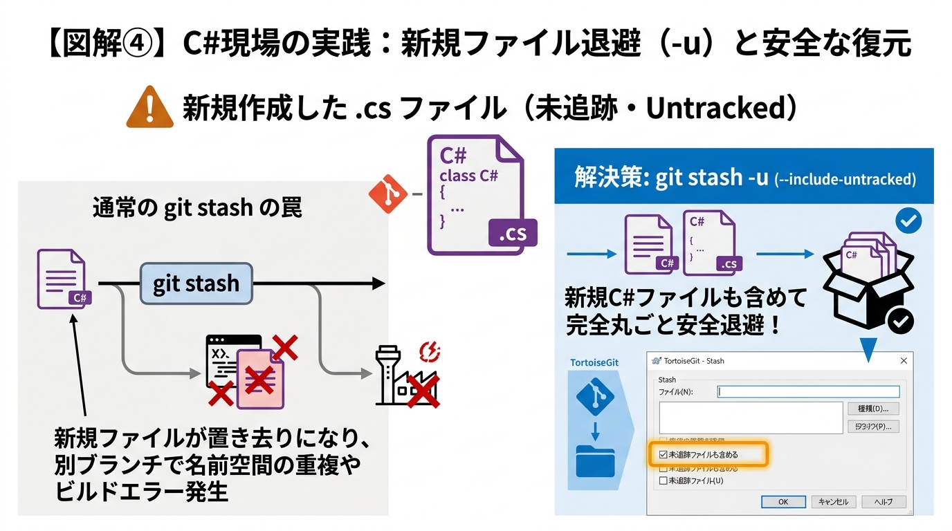 C#現場の実践：新規ファイル退避（-u）と安全復元