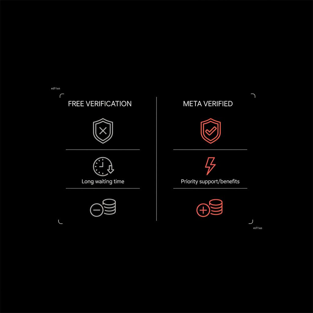 Minimal 2D vector infographic comparing pros and cons of free verification versus Meta Verified on black background using neutral grey elements and orange accents; instagram verification fee