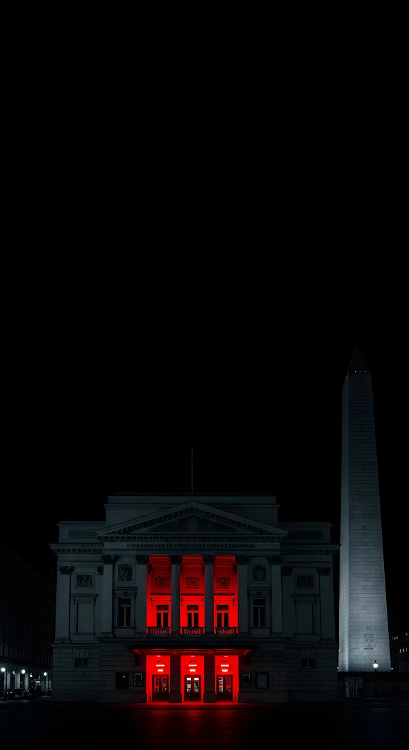 Neoclassical Building Illuminated by Dramatic Red Light at Night