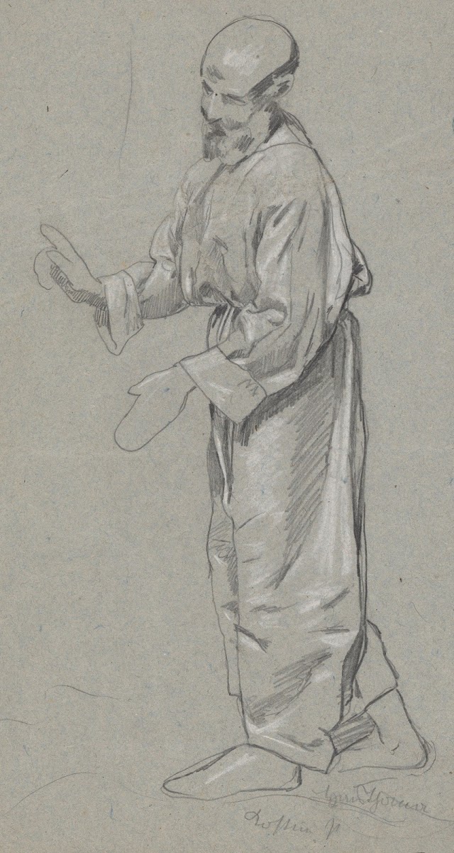 Study of the figure of an old man in a long robe gesturing for attention with hi