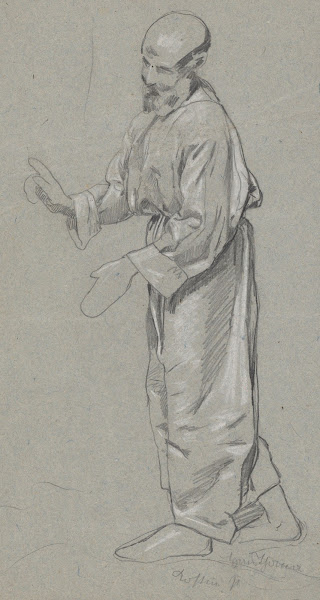 Study of the figure of an old man in a long robe gesturing for attention with hi