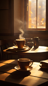Steaming Coffee Cups Bathed in Warm Sunlight at Window
