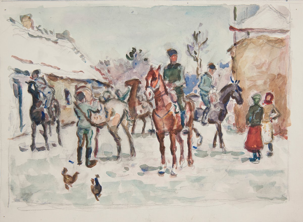 Żołnierze Ukraińskich Strzelców Siczowych na koniach wjeżdżający do wioski 1914