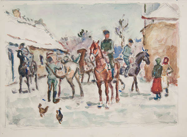 Żołnierze Ukraińskich Strzelców Siczowych na koniach wjeżdżający do wioski 1914