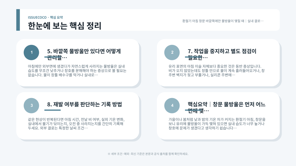 창문 물방울이 실내면·실외면·복층유리 사이 중 어디에 생겼는지 구분하는 점검 장면