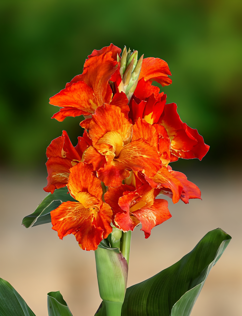 Canna indica Cannasun Fabiola fiori arancio brillante in giardino
