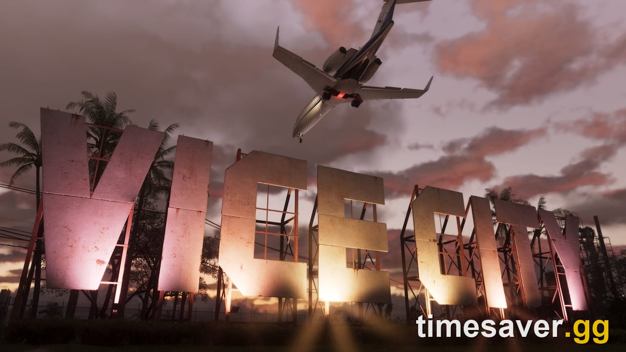 Grand Theft Auto VI Vice City sign at dusk with a private jet overhead — Rockstar official screenshot