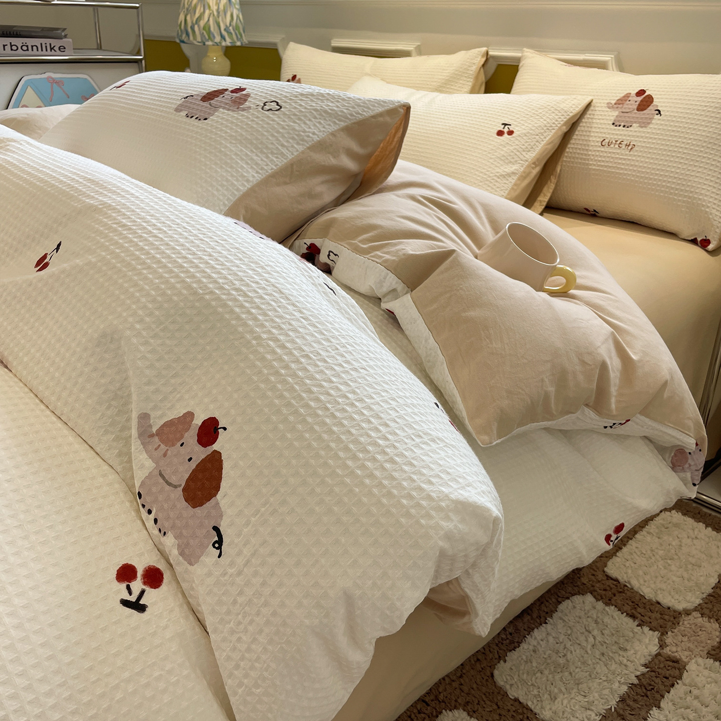 Cotton bedding set, waffle piqué look, printed