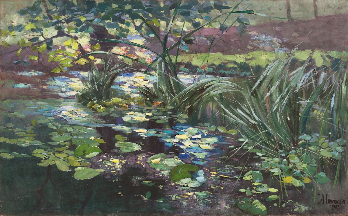 Teich in der Mark mit Seerosen und Schilfhalmen 1907