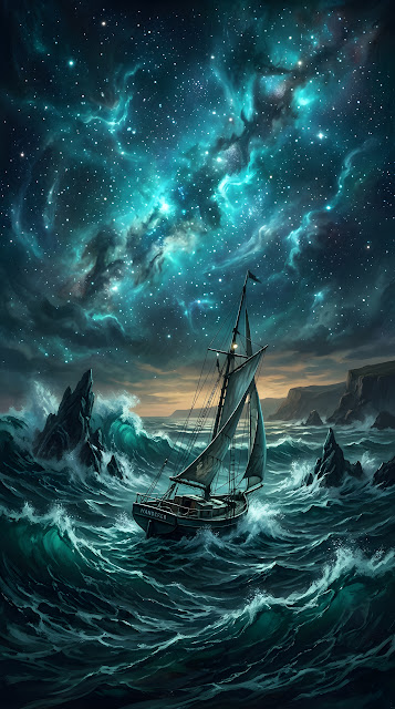 Sailing Ship Under Nebula Sky - Free mobile Wallpaper