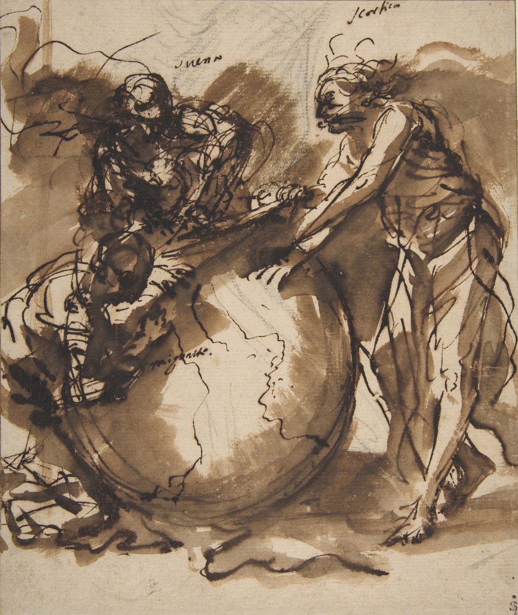 Three Figures around a globe 161573