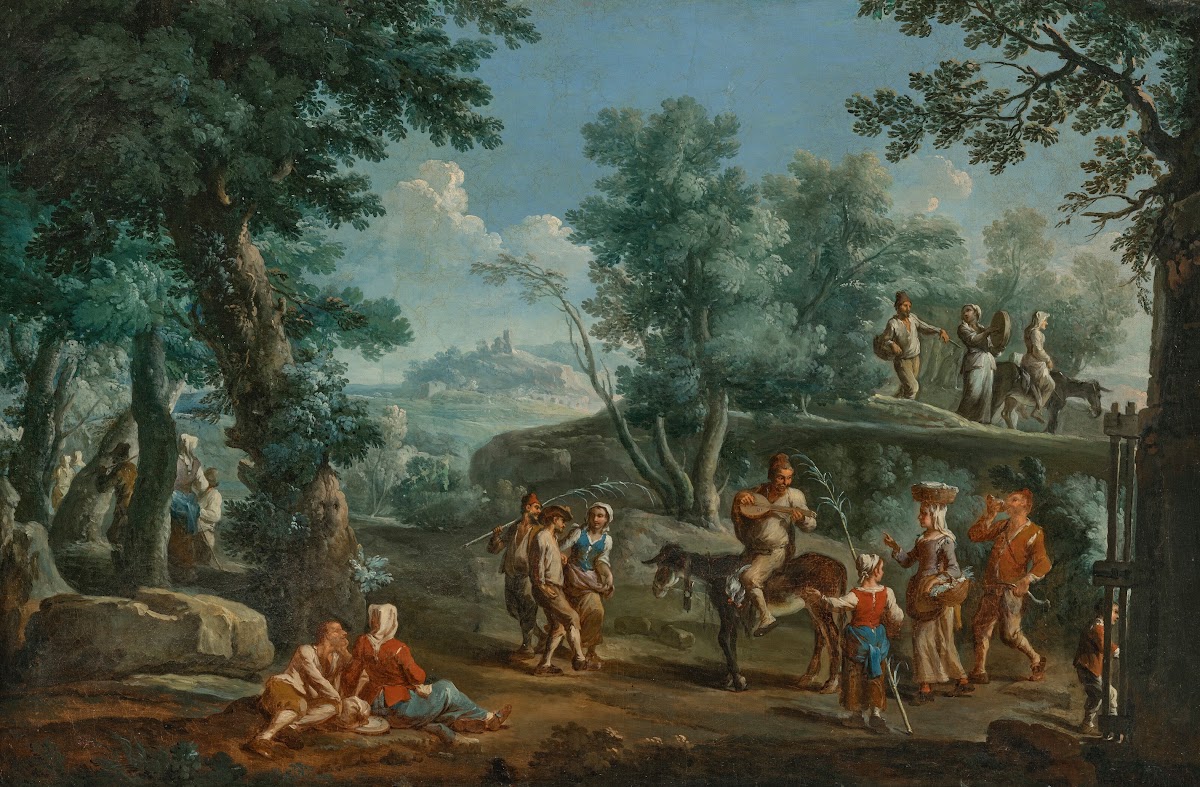 Villagers playing music dancing and resting in a wooded mountainous landscape