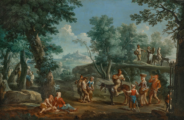 Villagers playing music dancing and resting in a wooded mountainous landscape
