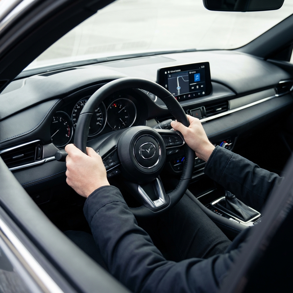 Driver hands on steering wheel inside Mazda focusing on dashboard materials and infotainment screen minimalist CarFax Deals style mazda showroom near me