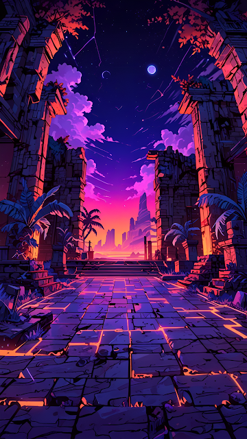 Vaporwave Ancient Ruins Temple Sunset Aesthetic Art - Free mobile Wallpaper