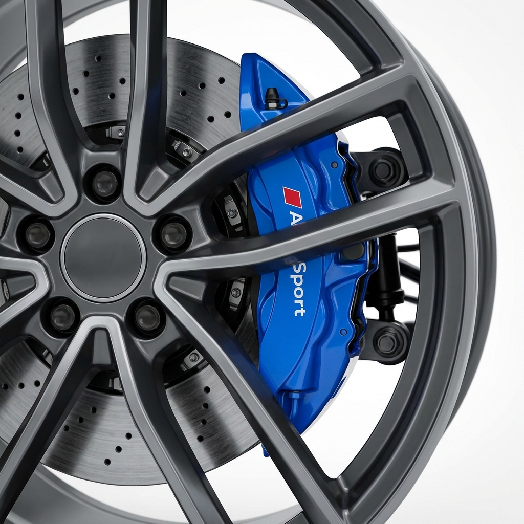 Close up of Audi RS7 wheel and brake package showing chassis hardware on white background with CarFax Deals blue accents audi rs7 for sale