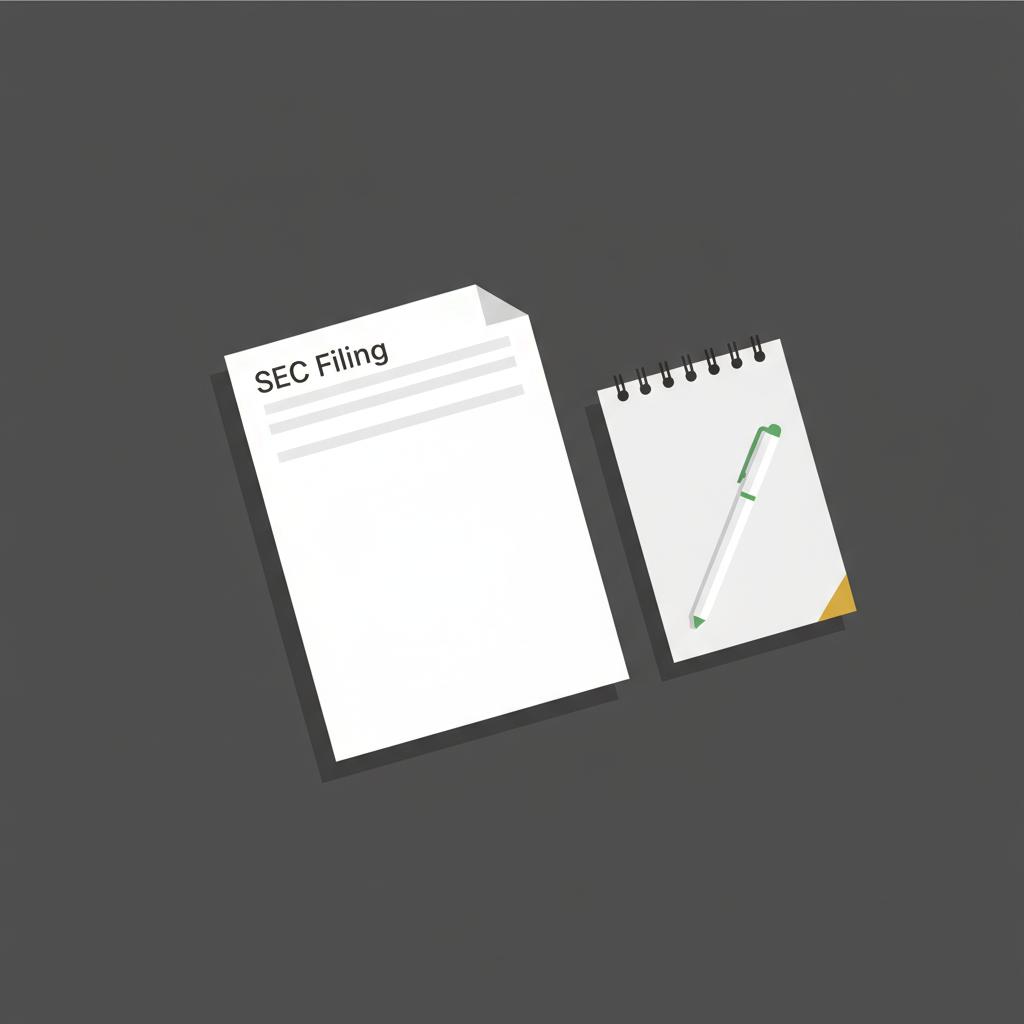 Flat lay 2D vector of a printed SEC filing page beside a simple notepad and pen on a dark desk clean financial workspace for markets cryptocurrency