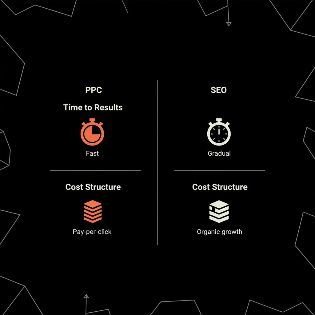 Minimal vector infographic comparing 'Time to Results' and 'Cost Structure' for PPC vs SEO using Social Success Hub palette. Is PPC harder than SEO