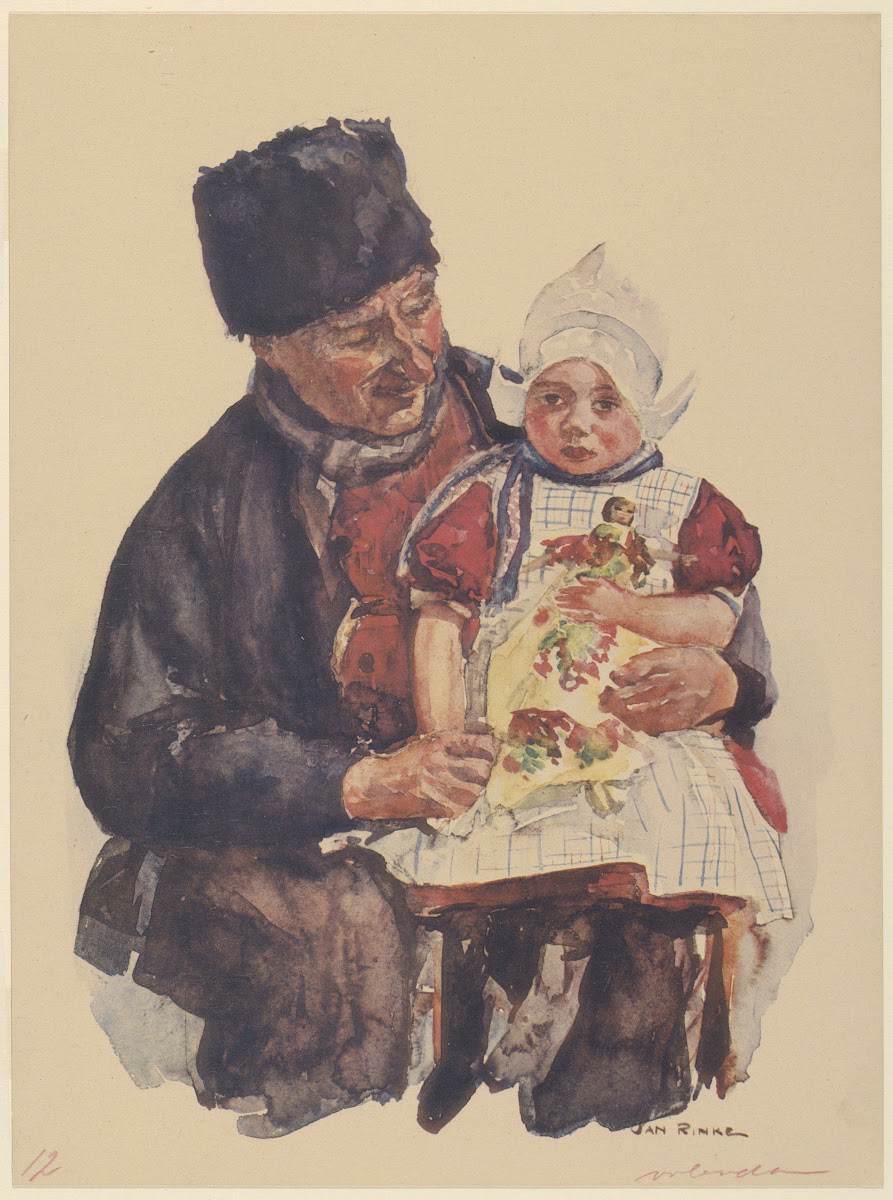 Een Volendammer visser met een meisje met een pop op zijn schoot beiden in Volen