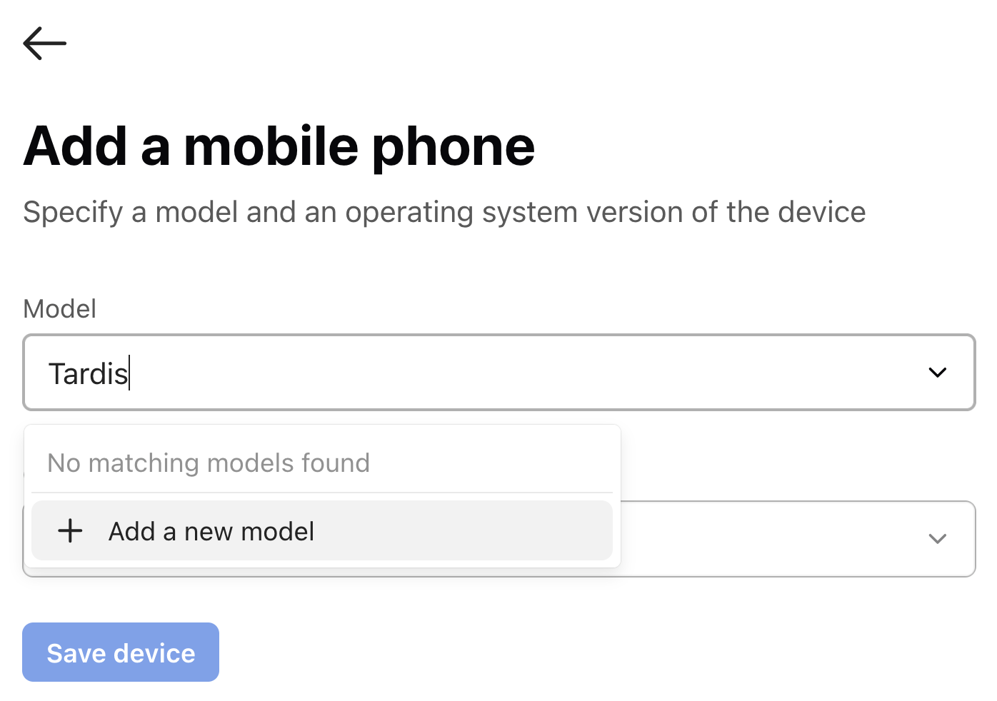 The dialog to add a mobile phone with a search for a 'Tardis' model with no matching models found and a button to add a new model.