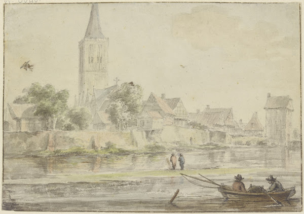 Stadt am Wasser mit Kirche rechts ein Turm vorne Kahn mit zwei Personen