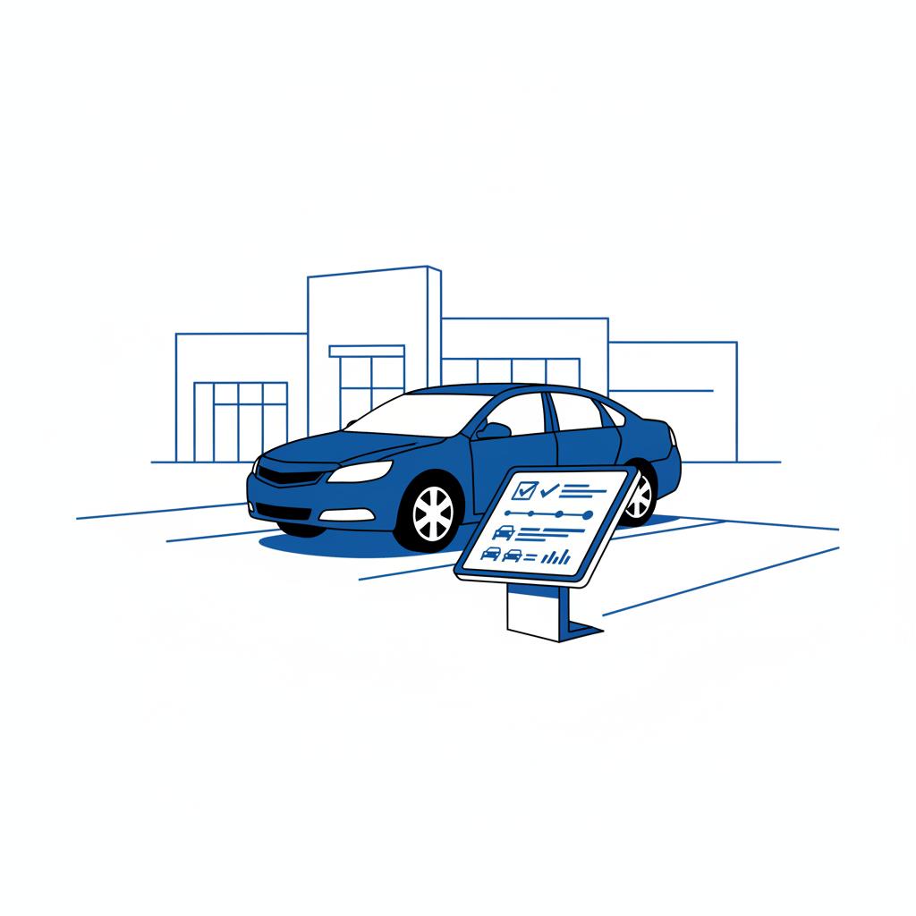 Minimalist 2D vector of a parked sedan resembling a Chevy Impala on a dealership lot with a tablet showing abstract vehicle history icons chevy impala for sale