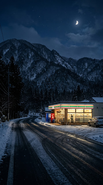 Japanese Convenience Store in Snow beside Mountain Road - Free mobile Wallpaper