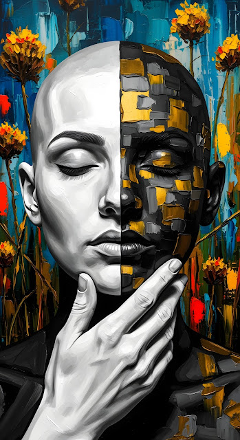 Duality Portrait: Black, Gold, and White Impasto Art - Free mobile Wallpaper