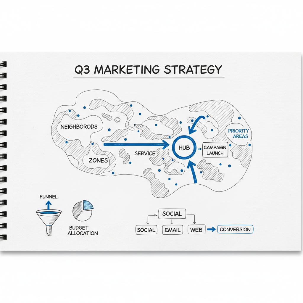 Minimalist notebook-style sketch of a local map with shaded ZIP-code areas and directional arrows for a local google ads strategy, white background, accents #1a5bfb #39383f