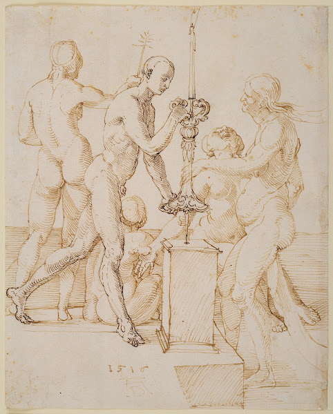 Fünf nackte Figuren um einen brennenden Leuchter 1516