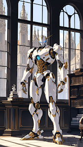 Academic Mecha Sentinel in Gothic Library Windows