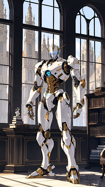 Academic Mecha Sentinel in Gothic Library Windows - Free mobile Wallpaper