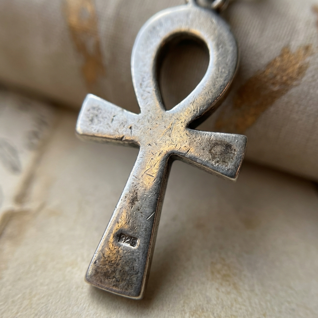 Macro close up of a worn millesimal hallmark on a pure silver ankh pendant showing texture patina and fine scratches on a soft beige background in Aurora Antiqua palette