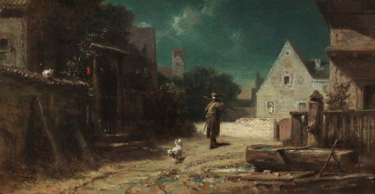Nachtwächter bei Mondschein Hund und Katze Ca 1870