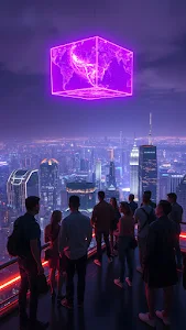 Neon Cube Projection Over Futuristic City Skyline at Night