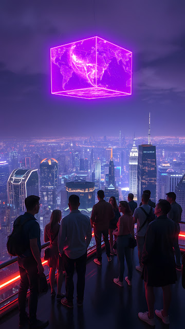 Neon Cube Projection Over Futuristic City Skyline at Night - Free mobile Wallpaper