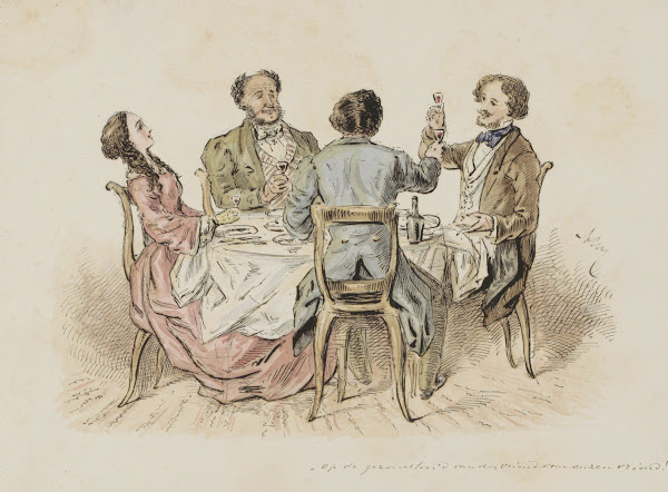 Vier figuren die een toost uitbrengen aan een tafel c 1854   c 1887