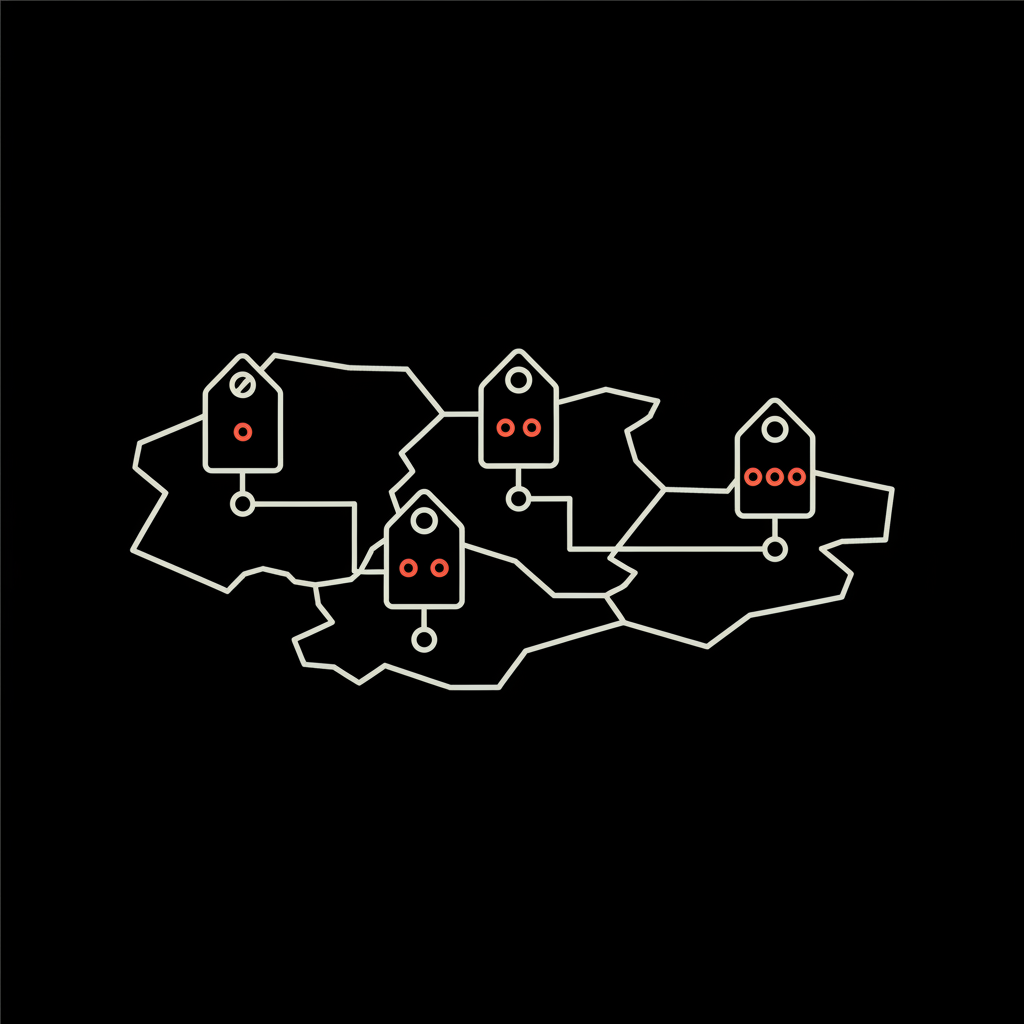 Minimal vector map with simple price-tag icons showing regional Twitter verification requirements pricing differences on a black background using brand colors #edf1e9, #dddddd, #dc5c2b.