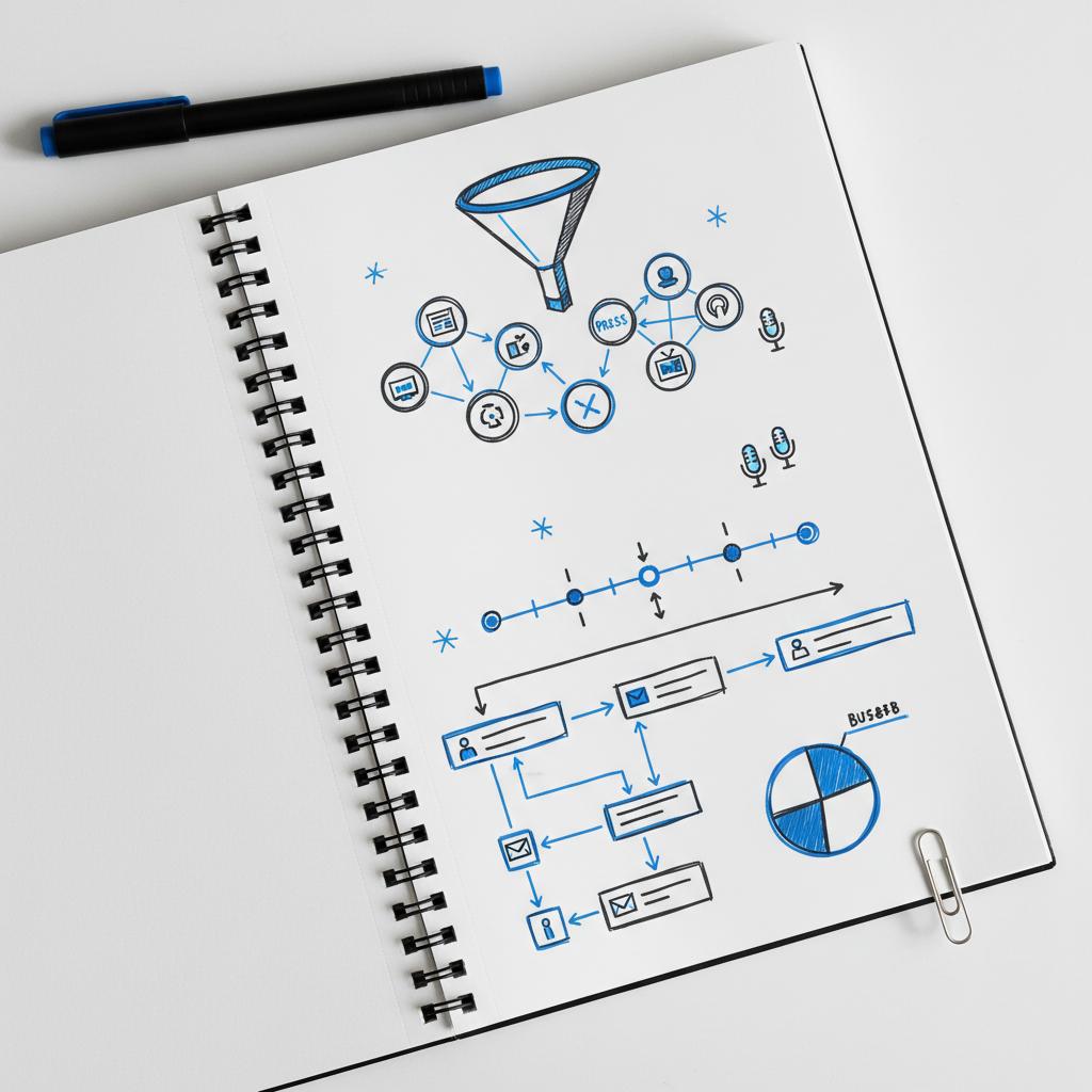 Top-down close-up of a clean desk with a hand-sketched PR campaign flow on white paper showing press targets, podcast icons and a timeline for a public relations expert.