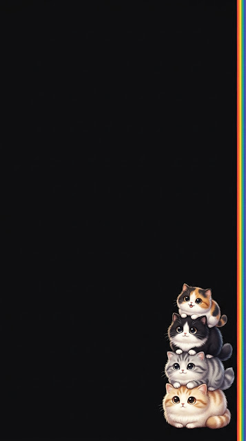 Four Fluffy Cats Stacked in the Lower Right Quadrant on Black - Free mobile Wallpaper