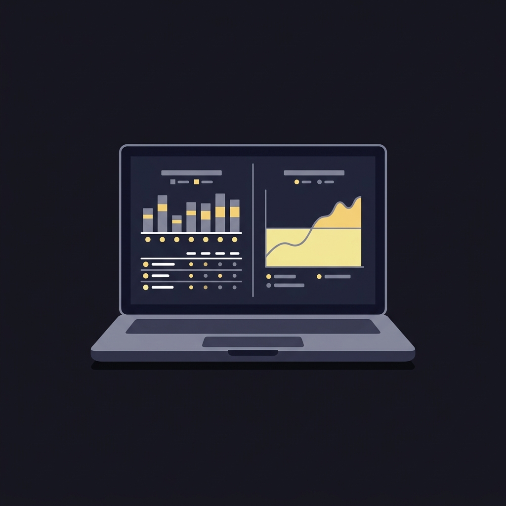 Minimalist 2D vector of a laptop displaying two side by side basketball analytics panels with bar charts and a predictive win probability visualization referencing bulls prediction no logos or text