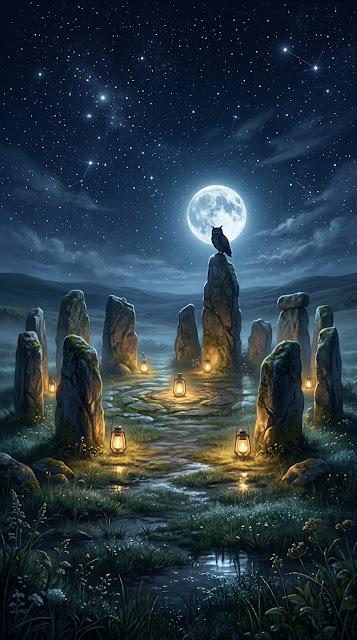 Mystical Nighttime Stone Circle with Lone Owl - Free mobile Wallpaper