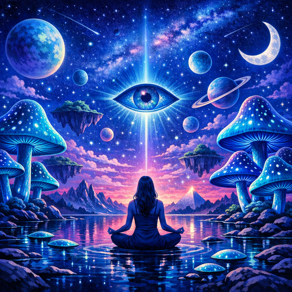 psilocybin retreat – creative and expressive visual interpretation with vibrant colors and an artistic scene