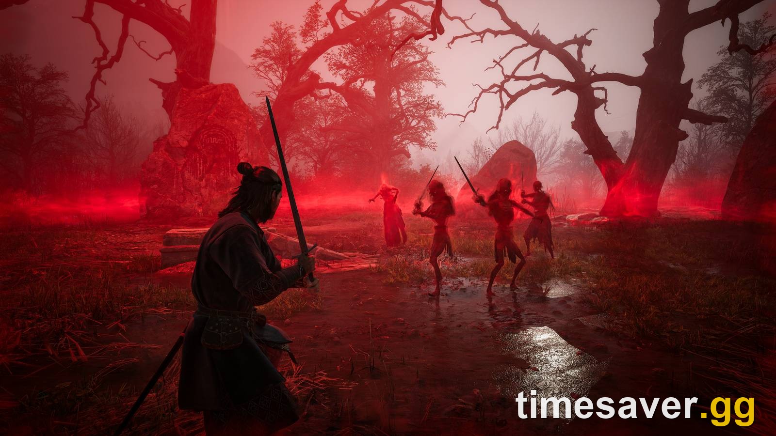 The Blood of Dawnwalker protagonist — Coen the Dawnwalker draws his sword against pale vampire creatures amid a grove of dead trees drenched in red blood-fog at night