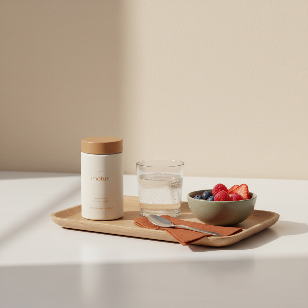 Will Medicare pay for Prevagen? Tonum Motus supplement jar on a wooden tray with a glass of water and a bowl of berries against a #F2E5D5 background, minimalist weight-loss lifestyle scene.